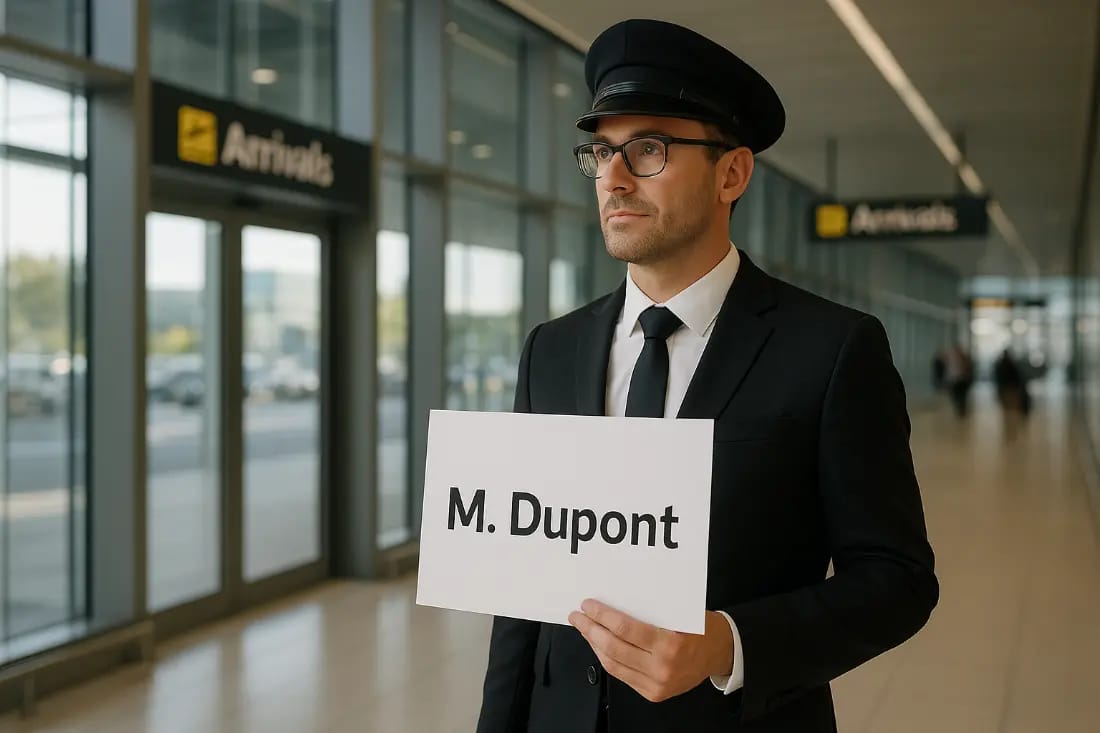 Chauffeur accueillant une personne à l'aéroport avec une pancarte